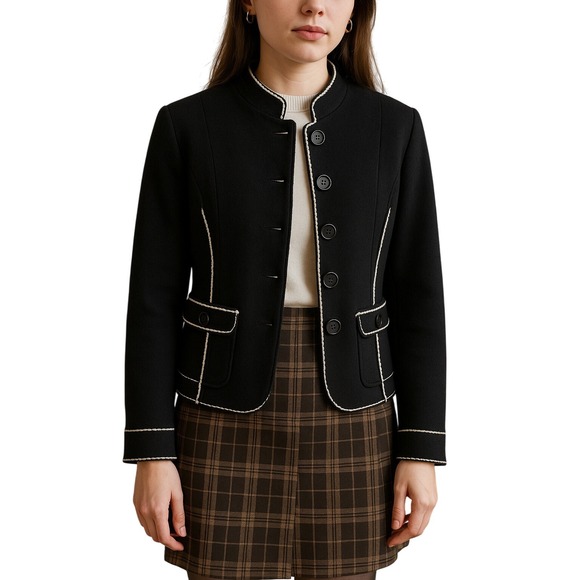TALBOTS Petites Merino Wool Black Contrast Stitch Jacket Blazer Cardigan NWT MP - Picture 1 of 7